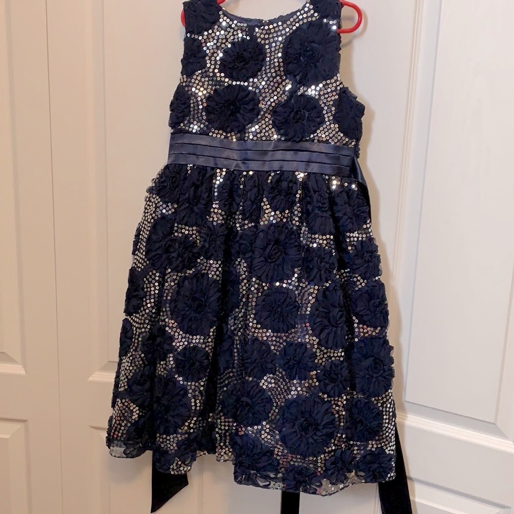 Navy Sequin Chiffon Floral Dress Size 10